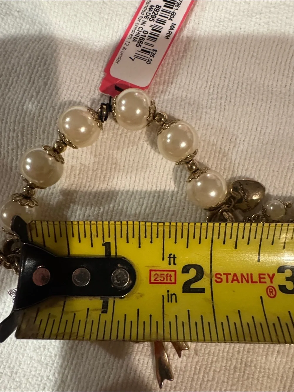 Betsey Johnson Gold-Tone Pearl Bracelet with Pink Crystal Charms / NWT - Picture 3 of 7